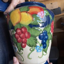 Nonni's vintage hand painted deep blue fruit motif biscotti cookie jar with lid