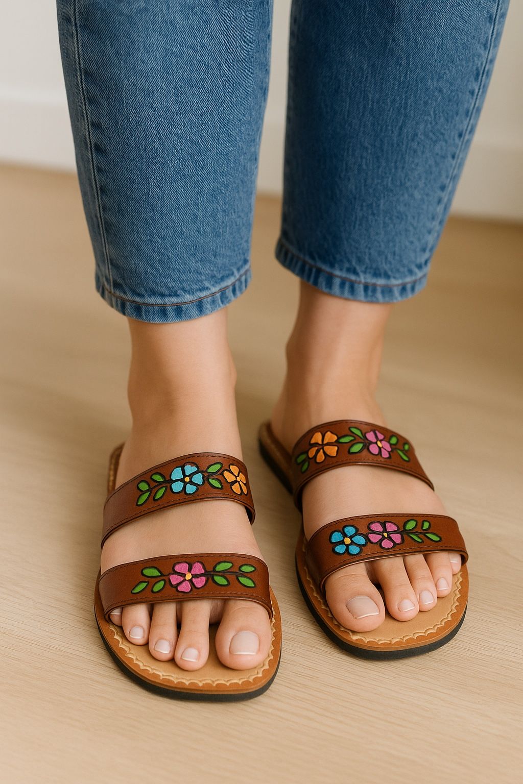 Handcrafted Mexican Leather Sandals Floral Embroidery Size 5 Slip-On Flat Shoes