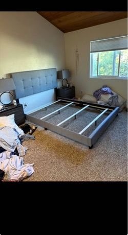 Queen Gray Upholstered Bed Frame with Headboard