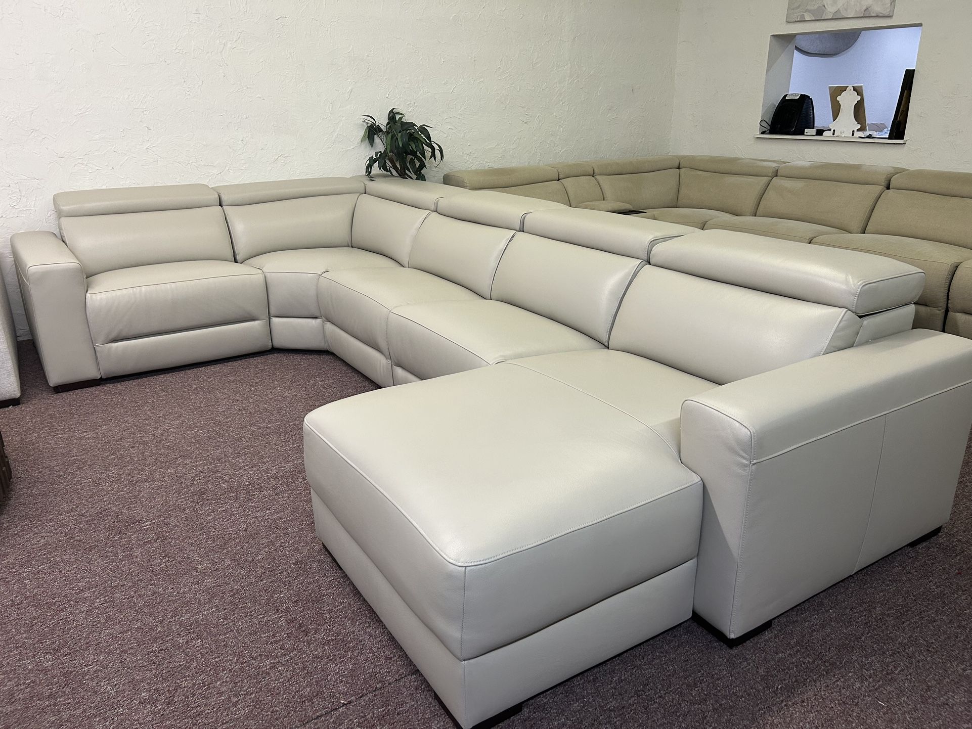 Furniture- 100% Real Top Grain Leather Sectional With A Power Recliners- Nevio