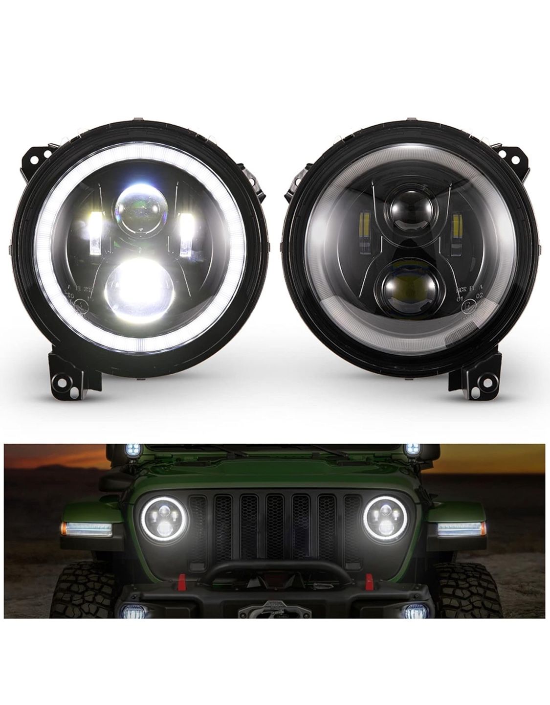 Kiwi Master LED Headlights for Jeep Gladiator JT 2018-2023 Jeep Wrangler JL/4xe Accessories Halo DRL 9 Inch Round Headlight with Daytime Running Light