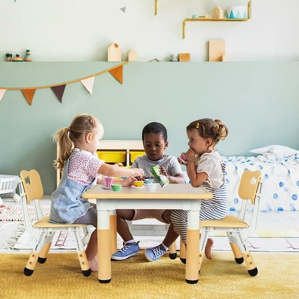 Kids Table and 4 Chairs Set, Height Adjustable Toddler Table and Chair Set for Ages 2-10, Arts & Crafts Table for Classrooms/Daycares/Homes - Yellow