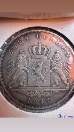  2 Gulden silver coin from the German State of Hesse-Darmstadt, minted in 1847.  