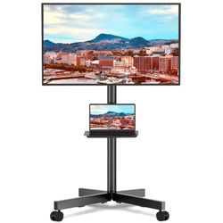 TV Stand with 3 Shelves 32"-65" Flat Curved TVs Swivel TV Trolley on Wheels Rolling with Cable Management