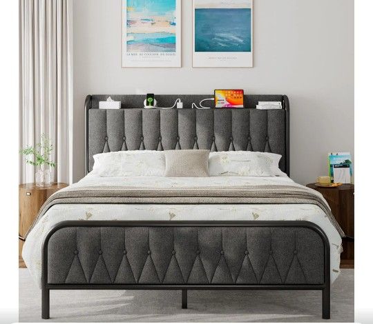 Full Size Metal Bed Frame with Charging Station,Upholstered Headboard AMD Footboard, Heavy Duty Steel Support, 12" Under Bed Storage, No Box Spring Ne