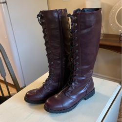 Burgundy Knee-High Boots With Zips On The Side