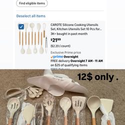 Silicone Cooking Utensils Set, Kitchen Utensils Set 10 Pcs for cooking, BPA Free Spatula Set with Heat Resistant Wood Handles for Nonstick Cookware (C