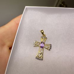 Beautiful 😍 !! Amethyst Set In Gold Plated 925 Sterling Silver Cross Pendant ! 