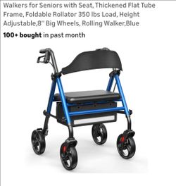 Walkers for Seniors with Seat, Thickened Flat Tube Frame, Foldable Rollator 350 lbs Load, Height Adjustable,8'' Big Wheels, Rolling Walker,Blue