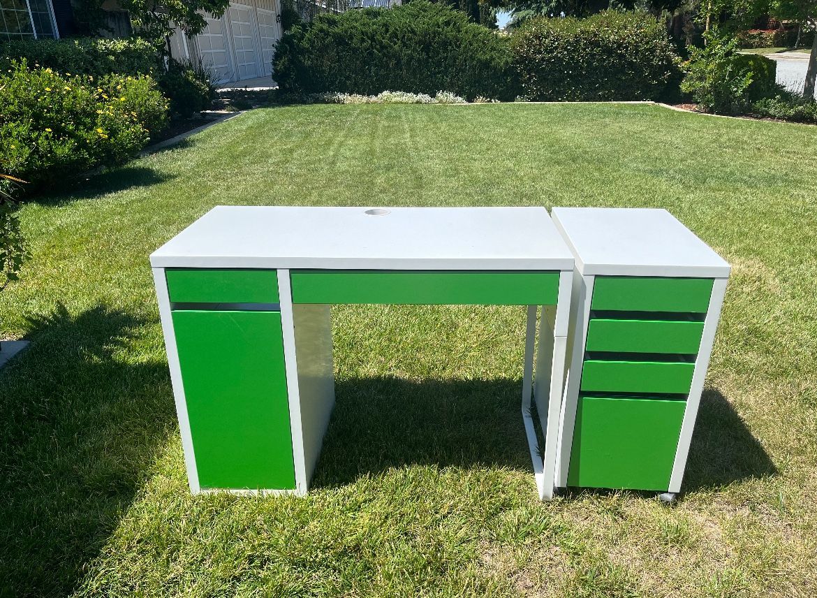 White and Green Ikea desk with drawers