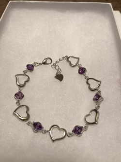 Women's 925 sterling silver Purple stones and silver hearts ankle bracelet