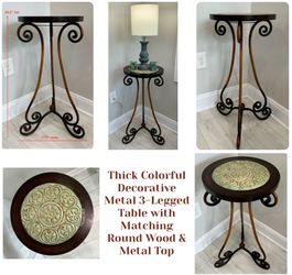 Thick Colorful Decorative Metal 3-Legged Table with Matching Round Wood & Metal Top