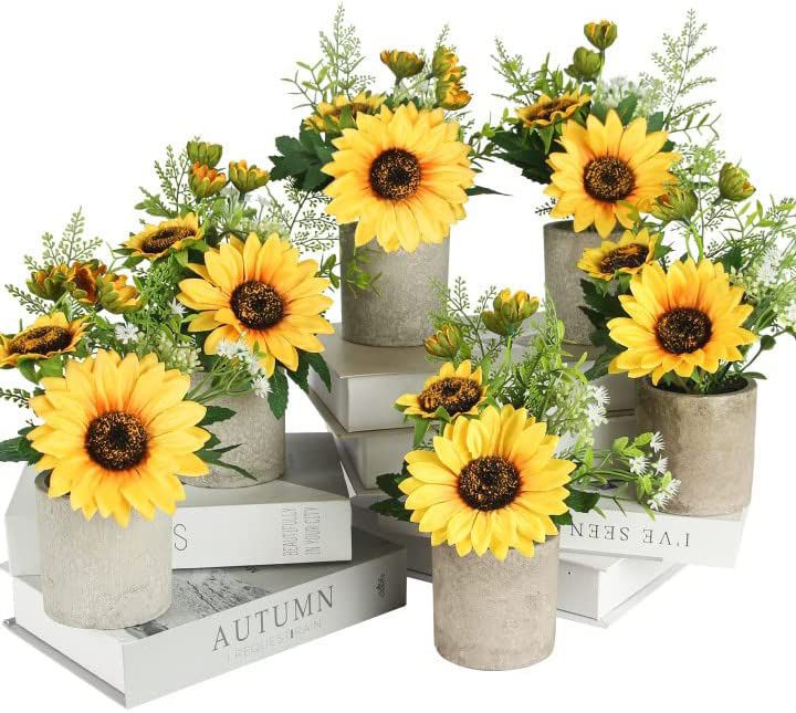 NEW! Tiyard 6pcs Sunflower Decor Artificial Potted Plants Yellow Fake Flower in Pots / FLORES