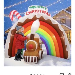 9FT Christmas Inflatables Rainbow Arch with Gingerbread Train, Large Blow Up Christmas Yard Decoration with Flashing LED Lights, Colorful Outdoor Infl