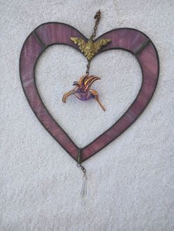 Stained Glass Heart Suncatcher with Hummingbird