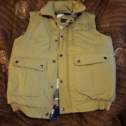 Hugo Valentino Coat Vest Quilted Beige Flannel Hood Pockets Zip Snap Sz M