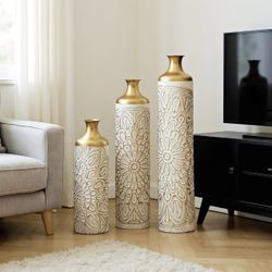 Metal Floor Vases Set of 3, Large Decorative White and Gold Vases for Living Room Decor, 24-33 Inch Tall Cylinder Vases with Embossed Floral Design