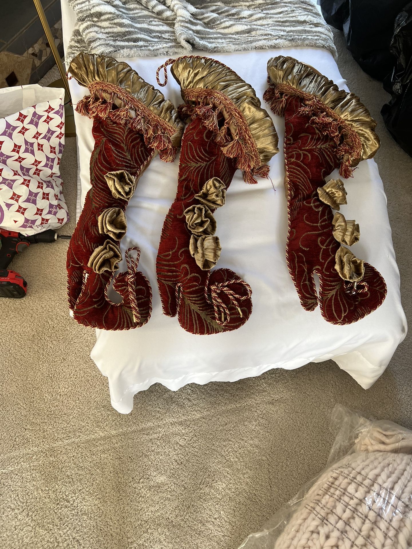 Three Absolutely Stunning Christmas Stockings. Deep Red And Gold High-Quality You Don’t See These Around Anymore They Are Beautiful!