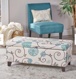 Ramona White and Blue Floral Fabric Storage Ottoman