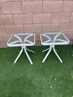 Pair of White Patio Side Tables – Glass Tops $15 Total For Pair
