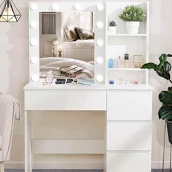 ✌️ Vabches Makeup Vanity with Lights, 37inch Vanity Desk, 4 Large Drawers Dresser with Lighted Mirror, 3 Lighting Modes Brightness Adjustable, White