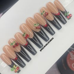 XL coffin nude Press on nails red rhinestones, black French tip, cherries shiny