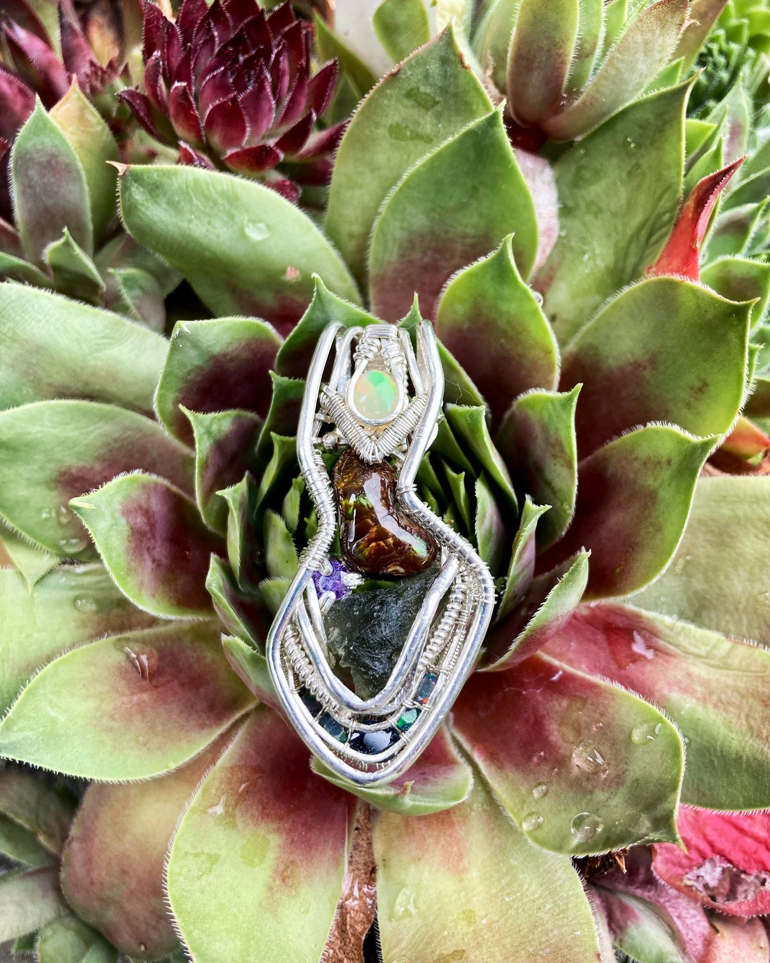 Sterling Silver Multi-Stone Wire Wrap Pendant