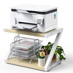 Desktop Printer Stand with 2 Tier Wood Storage Shelves