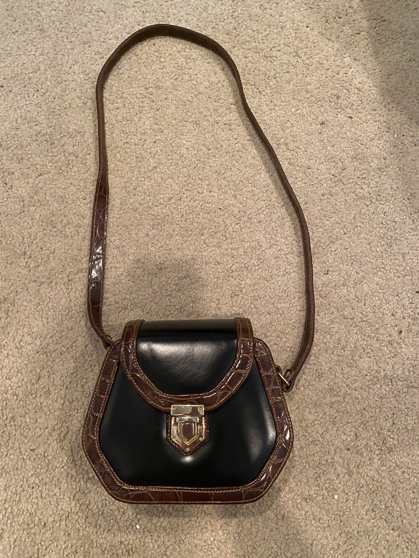 Vintage Black and Brown Embossed Leather Crossbody with Brown Strap 