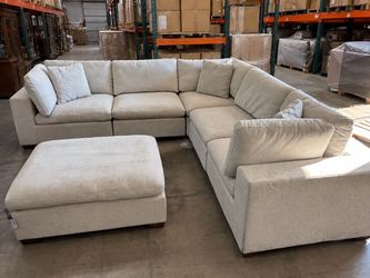 Beige Fabric Sectional Sofa with Ottoman