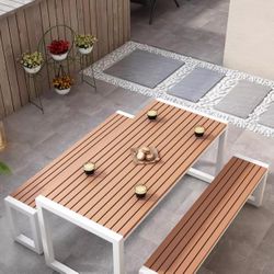 3 pc Outdoor metal frame table bench white wood durable weather proof set  decor furniture backyard