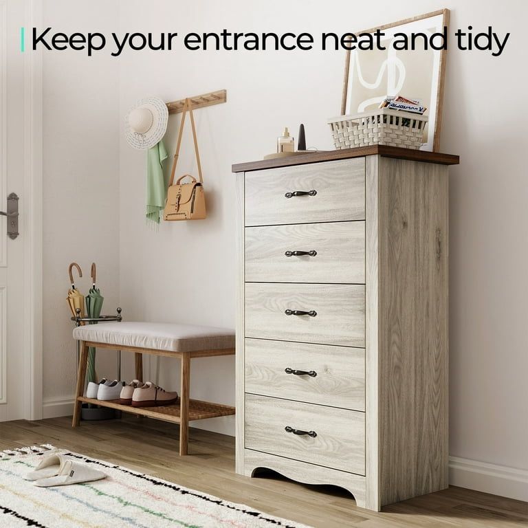 HOME Dressers for Bedroom, 5 Drawers Chest, Nursery Dresser Organizer, Tall Dresser Chest of Drawers - Oak White
