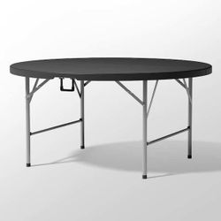 V133 $70  Gray Frame Black Plastic Tabletop Round Foldable Outdoor Dining Table (Dia. 5 ft. )  Designed for effortless living, this folding table open