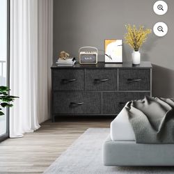 Black 5-Drawer Wide Chest Fabric Dresser Storage Organizer Metal Frame with Wood Top