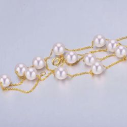 18K Solid Gold Real Japanese Akoya 6-6.5mm Pearl 45cm Chain Necklace Fine Jewelry