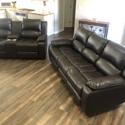 New Reclining Couch W Pull Down Console / Love Seat.  Brown Leather.  Free Delivery!