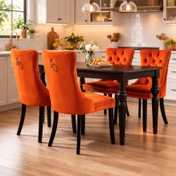  Set of 4 Orange Velvet Upholstered with Nailhead Trim [NEW] **Assembly Req** 