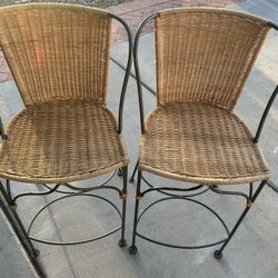 PALECEK WROUGHT IRON & WICKER BAR STOOLS (As a Set)
