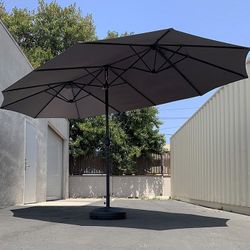 (NEW) $130 Large 15FT Double Sided Outdoor Umbrella w/ 65 LBS Plastic Weight Base (Red/Gray) 