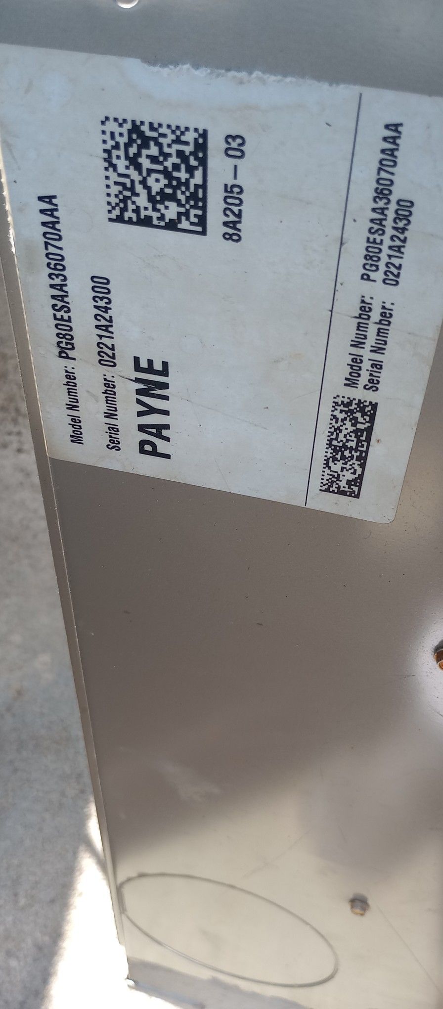 Payne Model Number #PG80ESAA36070AAA , Silver, 3Ton