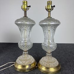 pair of vintage pressed-cut glass table lamps with brass bases and fittings