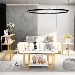 Marble Coffee Table Set - 3 Piece Living Room Table Set with Metal Frame, Gold+White