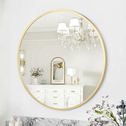 New in a sealed box Garvee Gold Circle Mirror 32 Inch, HD Eco-Friendly Round Bathroom Mirror, Matte Black Metal Frame, Easy to Install, Vanity, Entryw