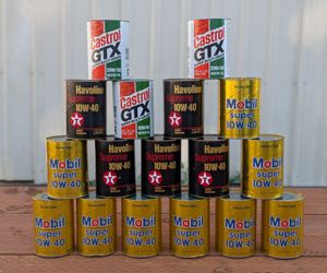 17 Vintage NEW Full Unopened Oil Cans 10W/40 Mobil Texaco Castrol