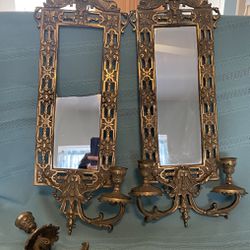Set of 2 Antique Bronze Mirrored Dual Sconce Mirrors. Size 22.5”x8”. See Description. 