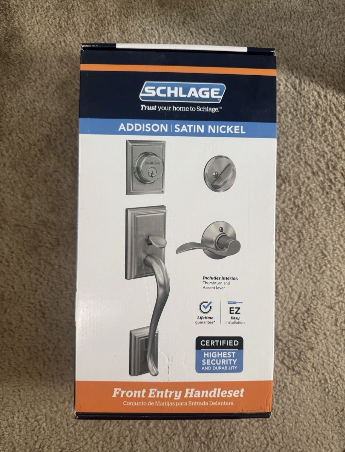 Schlage Addison Satin Nickel Single Cylinder Door Handleset Accent Handle