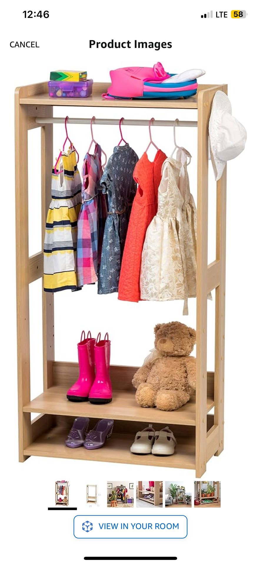 IRIS USA Open Wood Clothing Costume Garment Hanging Rack Armoire Wardrobe Dresser Organizer with Shoe Shelves and Side Hook, for Nursery, Kids Room, C