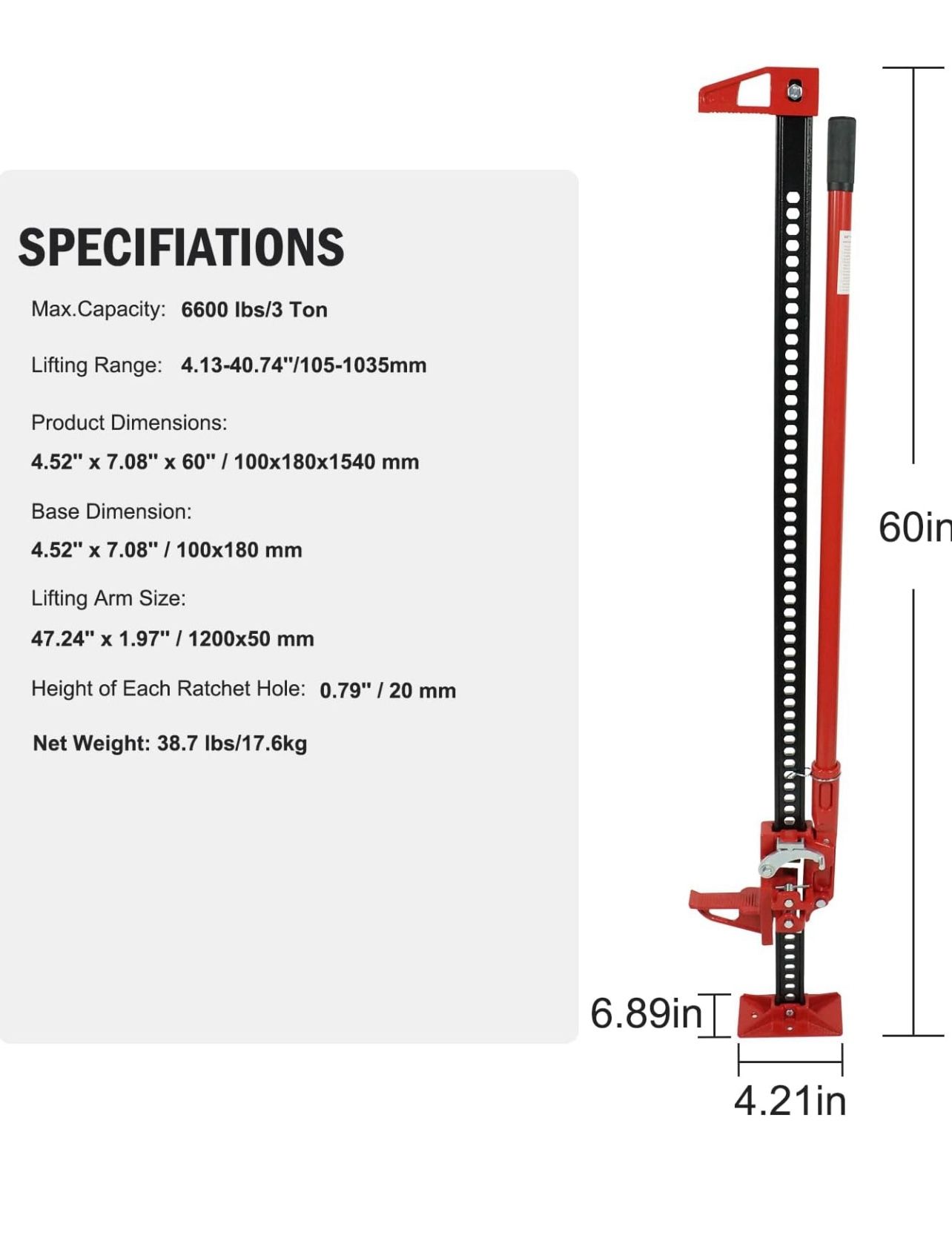 60" Ratcheting Off Road Utility Farm Jack, 3 Ton (6,000 Lb) Capacity High Lift Farm Jack Ideal for Car/Truck/ATV/SUV