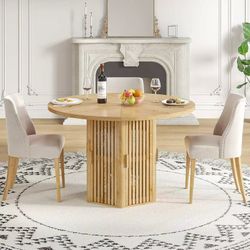 47" Round Dining Table with Storage, 6 Doors, 2-Tier Shelf, Mid-Century Modern,Nature