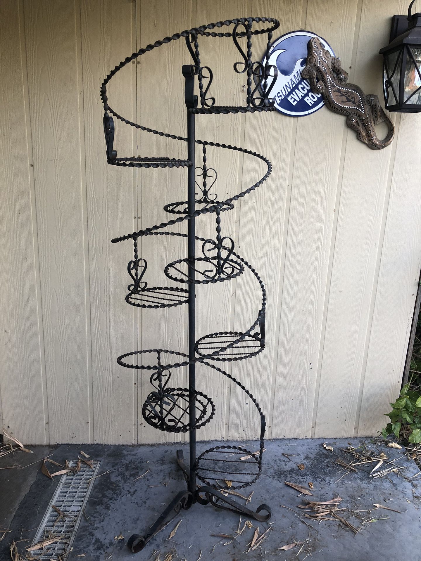 Large Vintage MCM Wrought Iron Spiral Staircase Plant Stand